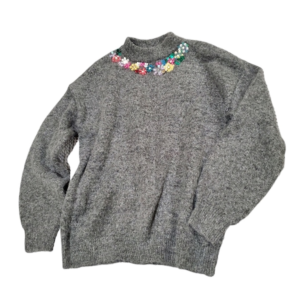 ZARA beaded gray mock neck sweater sequins & rhinestones neutral pullover jumper